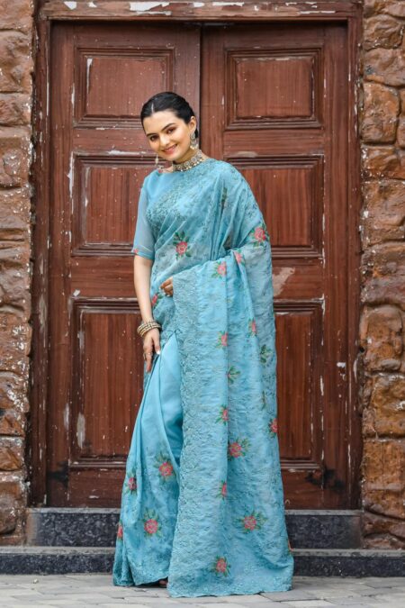 Women's Elegant Sage Green Georgette Saree with Delicate Floral Embroidery & Sequin Work โ Perfect for Summer Festivities & Day Events