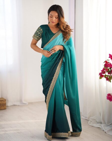Women's Elegant Ombre Green Georgette Saree with Intricate Golden Zari & Stone Embellishments โ Complete with Heavily Worked Blouse for Festive & Wedding Wear